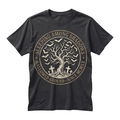 Vintage Halloween Spooky Graveyard Cemetery Bats Moon Gothic Fall Apparel Unisex TShirt