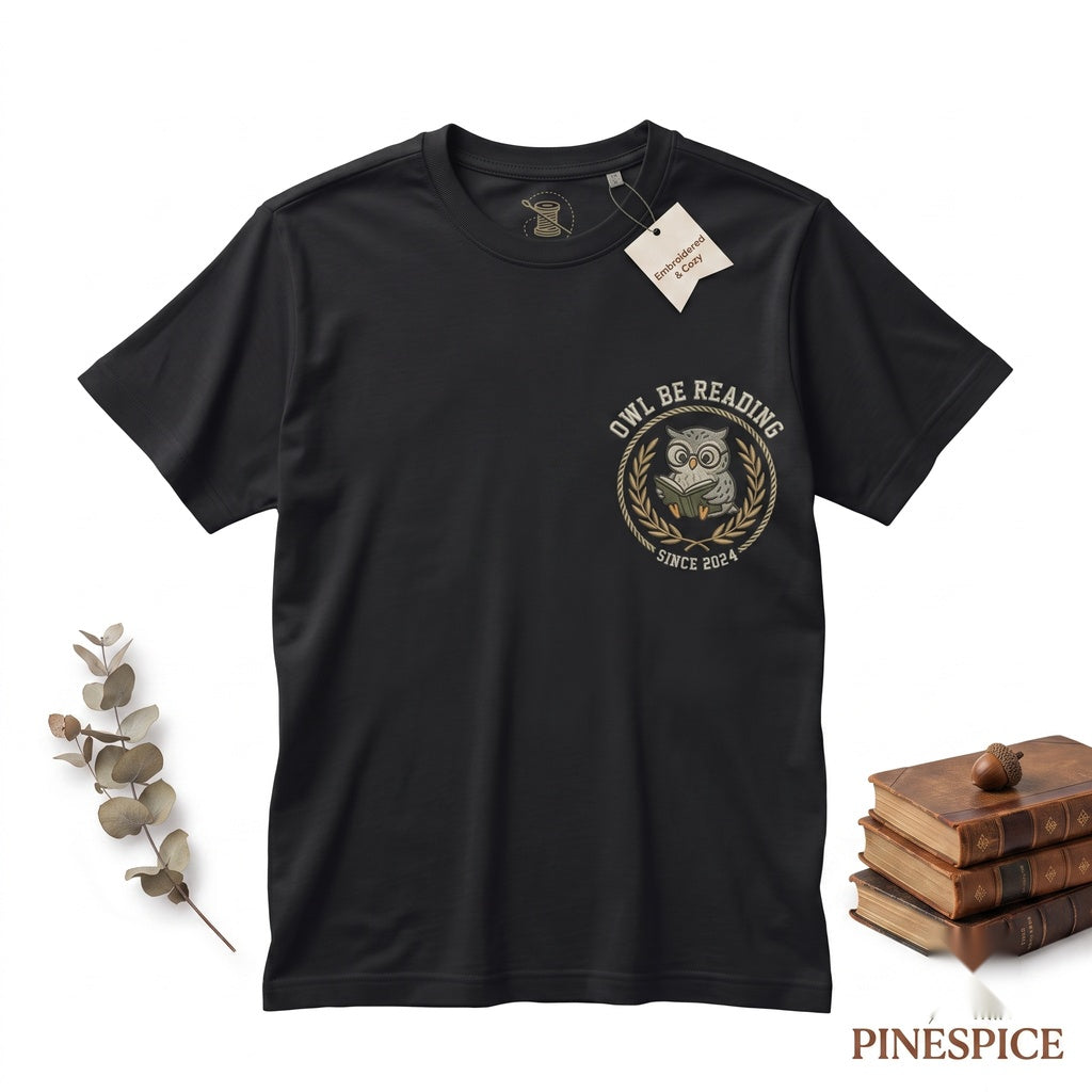 Embroidered Cute Owl Book Lover Gift Funny Cozy Reader Bookworm Unisex TShirt
