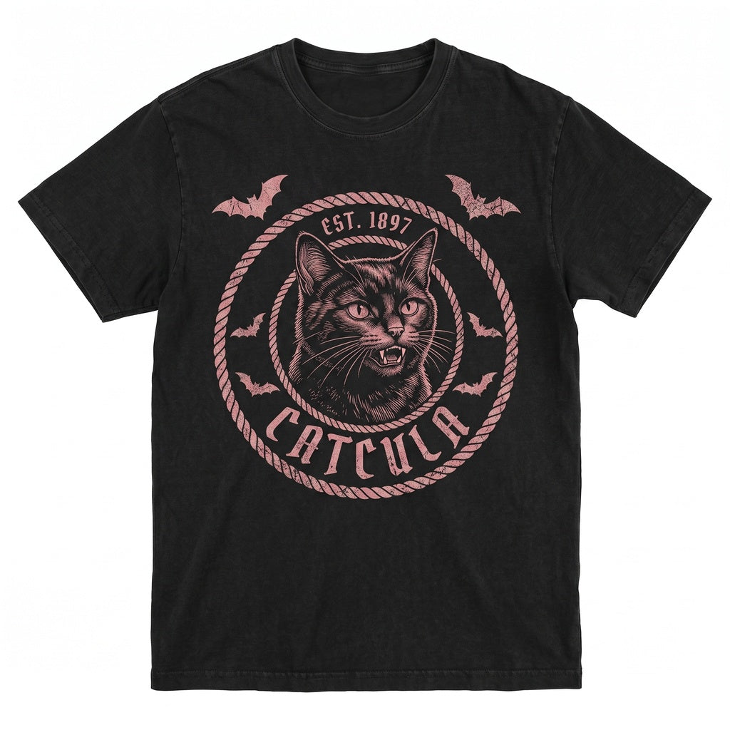 Gothic Black Cat Vampire Bat Wings Spooky Fangs Dark Horror Graphic Unisex TShirt