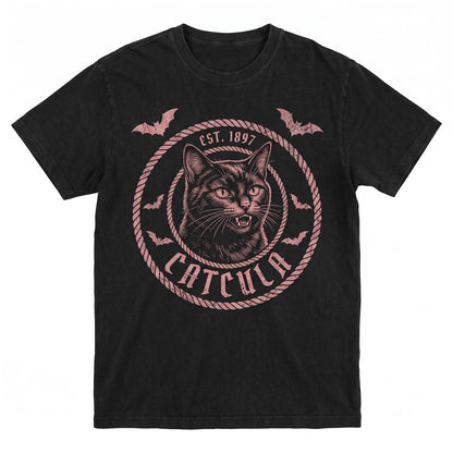 Gothic Black Cat Vampire Bat Wings Spooky Fangs Dark Horror Graphic Unisex TShirt
