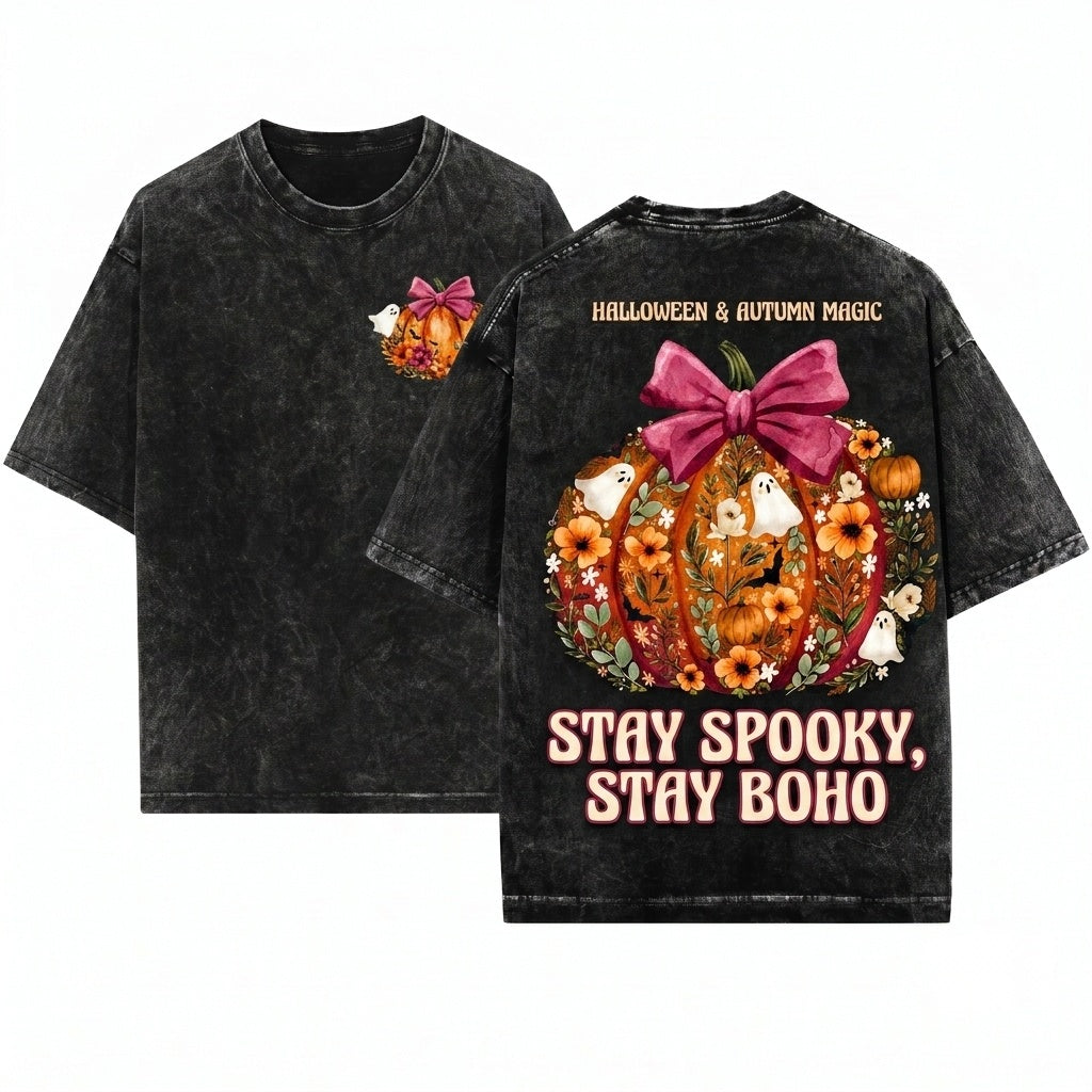 Vintage Floral Fall Pumpkin Ghost Bow Halloween Unisex Wash T-Shirt