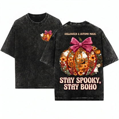 Vintage Floral Fall Pumpkin Ghost Bow Halloween Unisex Wash T-Shirt