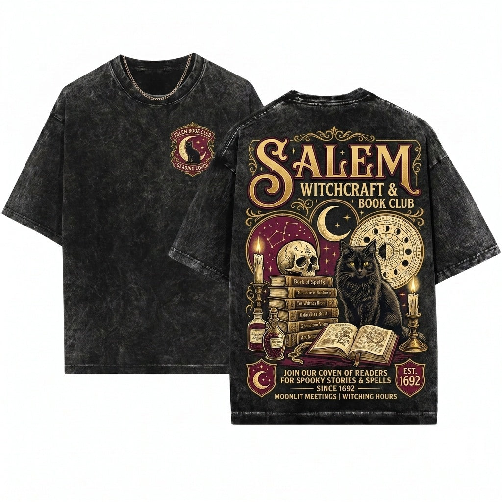 Vintage Salem Book Club Bookish Halloween Graphic Spooky Black Cat Witch Unisex Wash T-Shirt