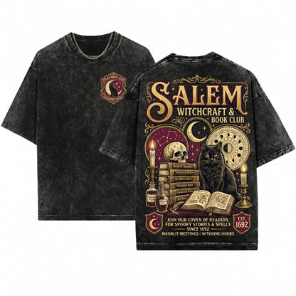 Vintage Salem Book Club Bookish Halloween Graphic Spooky Black Cat Witch Unisex Wash T-Shirt