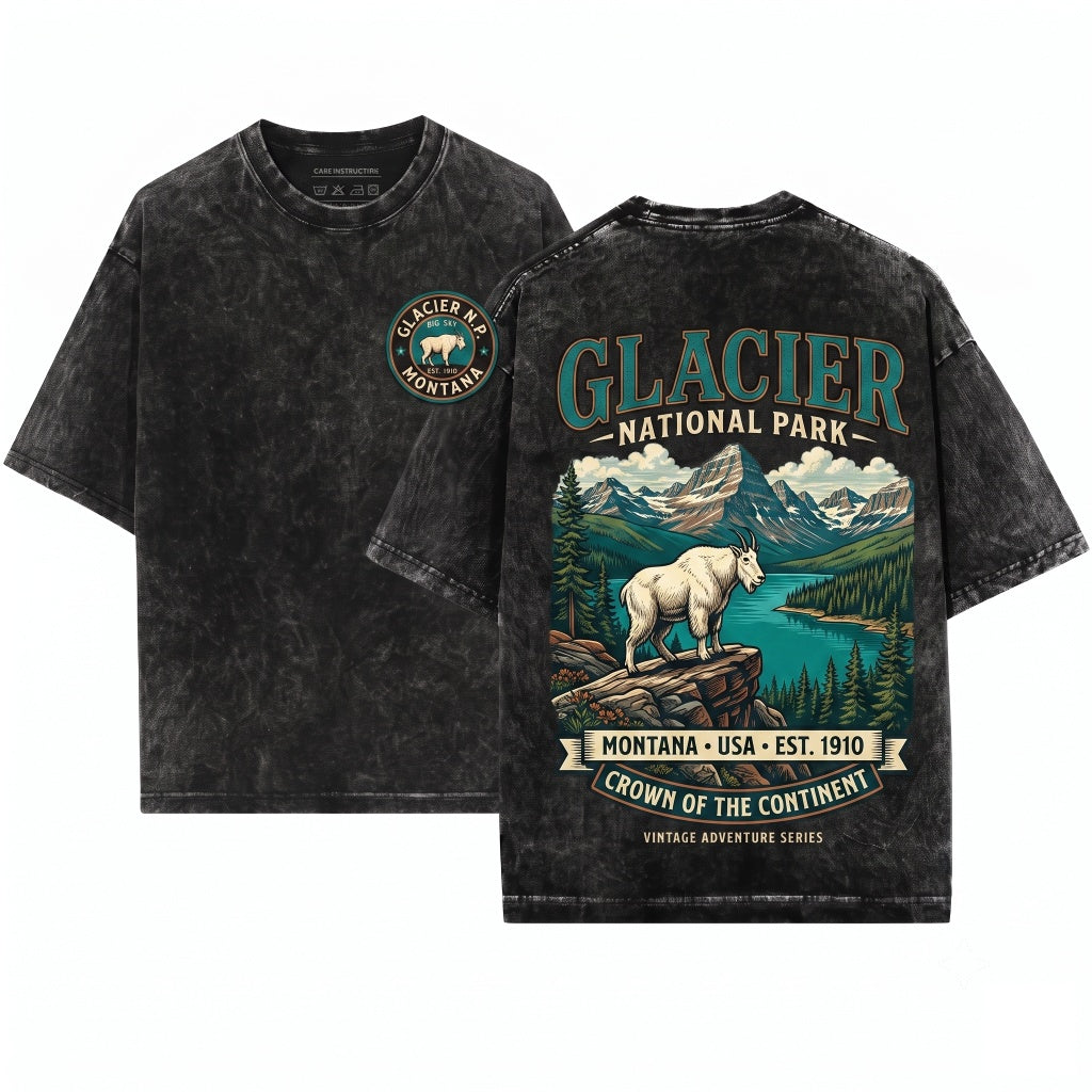 Glacier National Park Montana Mountain Vintage Retro Hiking Nature Gift Unisex Wash T-Shirt