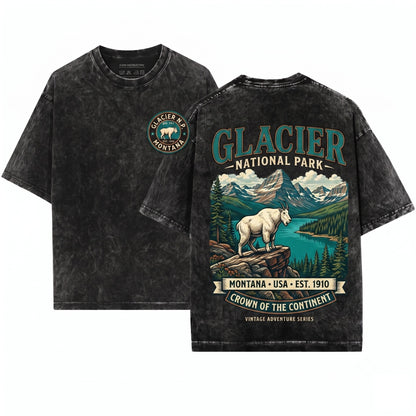 Glacier National Park Montana Mountain Vintage Retro Hiking Nature Gift Unisex Wash T-Shirt