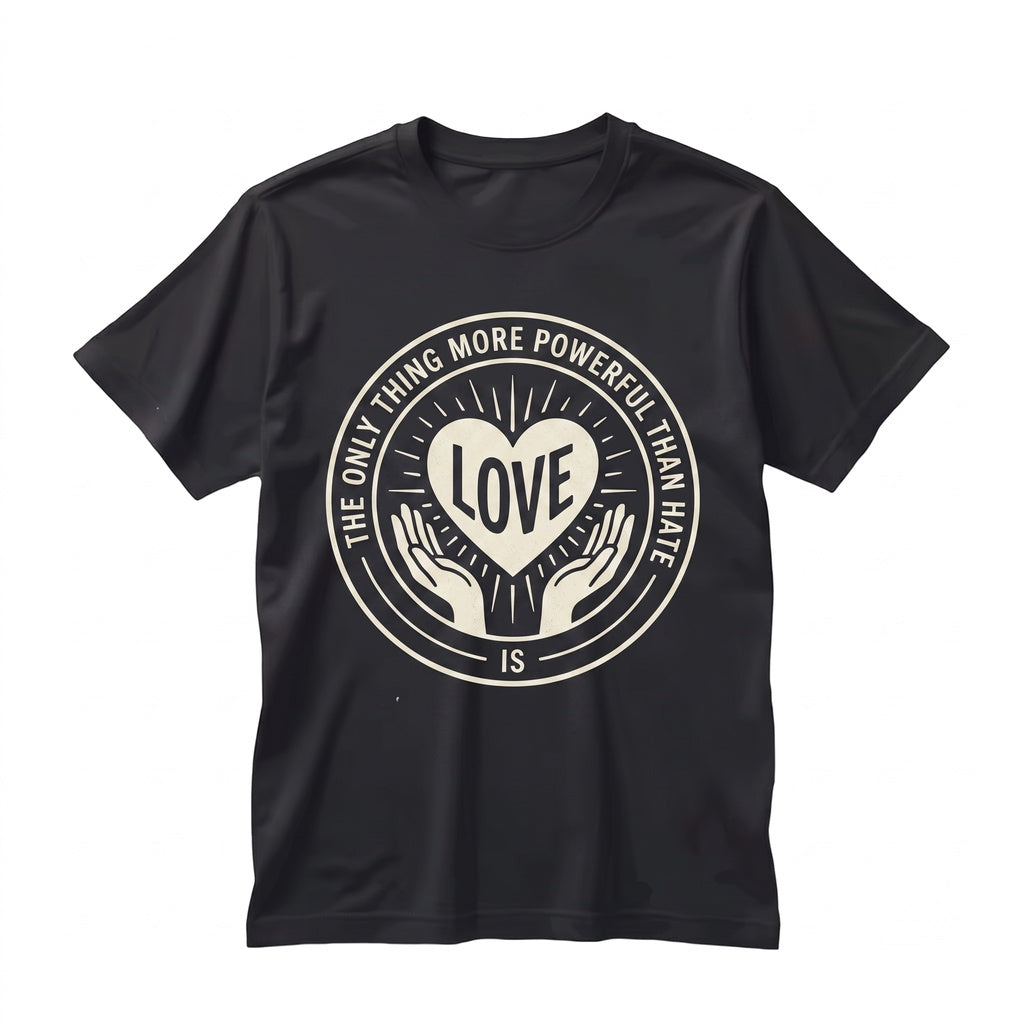 The Only Thing More Powerful Than Hate Is Love Inspirational Quote Gift Positive Message Graphic Apparel Unisex TShirt