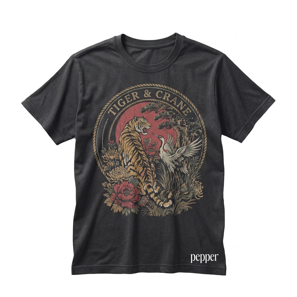 Retro Tiger Crane Graphic Japanese Wildlife Floral Vintage Asian Nature Animal Art Gift Unisex TShirt