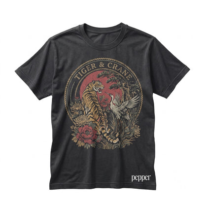Retro Tiger Crane Graphic Japanese Wildlife Floral Vintage Asian Nature Animal Art Gift Unisex TShirt