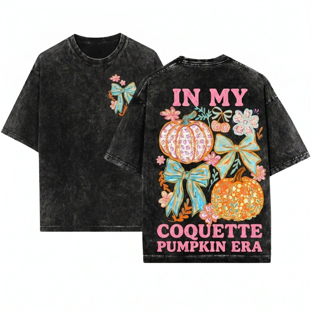 Colorful Floral Coquette Brushstroke Glitter Bow Pumpkin Autumn Thanksgiving Girly Unisex Wash T-Shirt