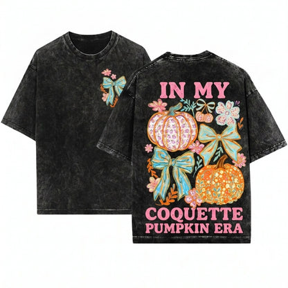 Colorful Floral Coquette Brushstroke Glitter Bow Pumpkin Autumn Thanksgiving Girly Unisex Wash T-Shirt