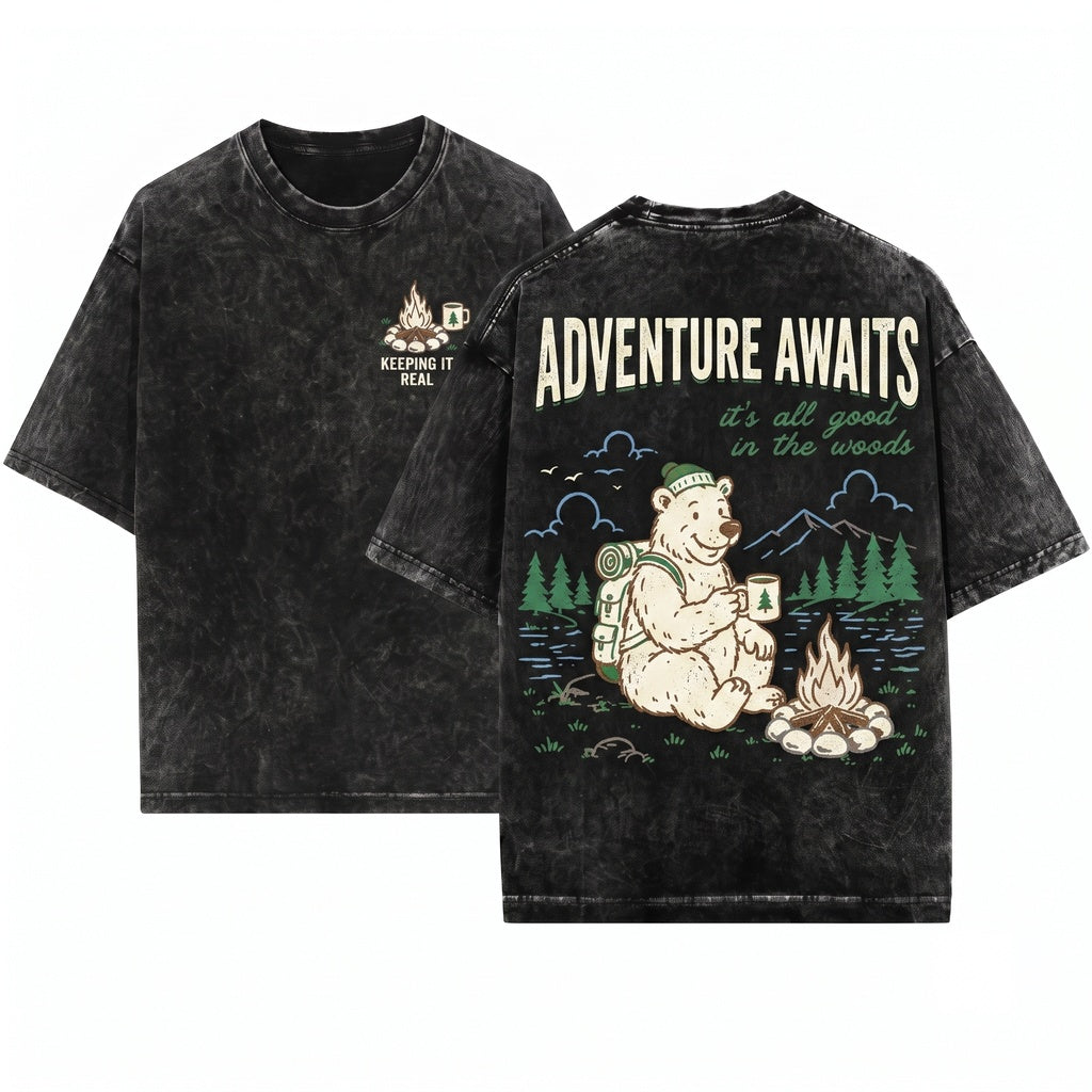 Cute Bear Camping Vintage Forest Nature Graphic Wildlife Gift Unisex Wash T-Shirt