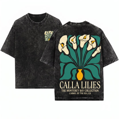 Carmel California Calla Lilies Coastal Vintage Botanical Nature Art Unisex Wash T-Shirt
