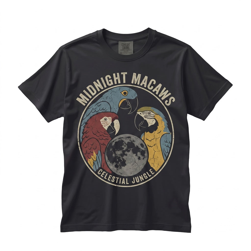 Three Macaws Moon Vintage Parrot Celestial Bird Tropical Wildlife Lover Gift Unisex TShirt