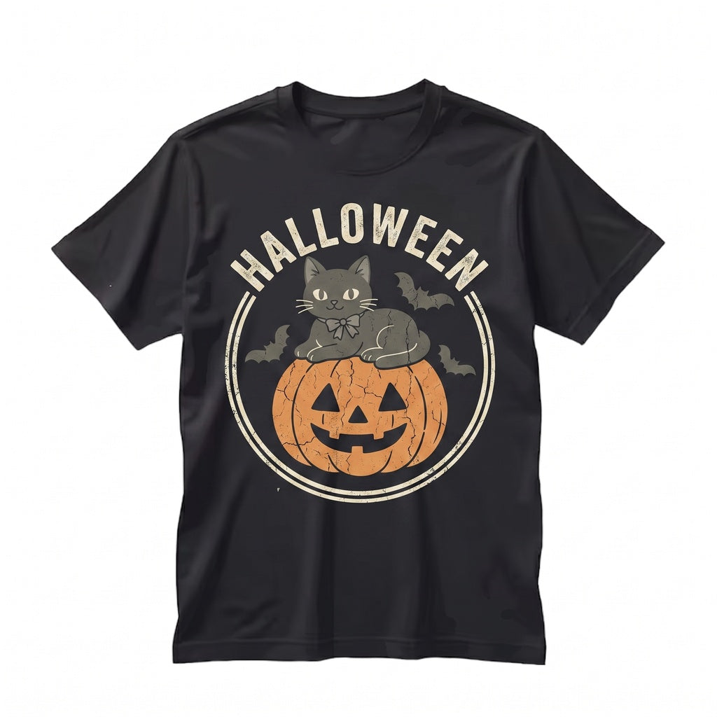 Cute Ghost Black Cat Halloween Pumpkin Bats Night Playful Spooky Aesthetic Gift Unisex TShirt