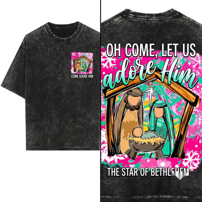 Colorful Distressed Christian Jesus Nativity Scene Oh Come Let Us Adore Him Christmas Unisex Wash T-Shirt