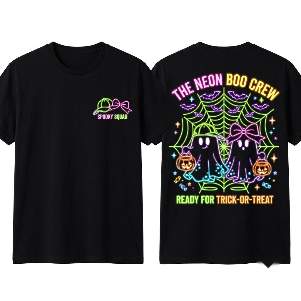 Cute Custom Name Ghost Boo Bow Preppy Neon Halloween Toddler Kids Graphic Unisex Wash T-Shirt