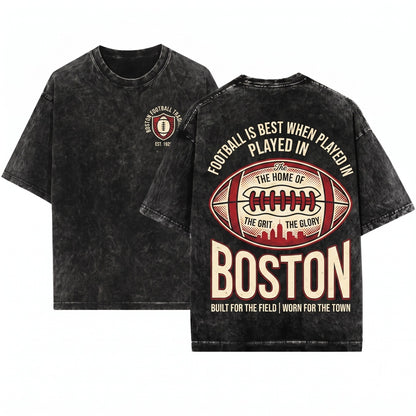 Retro Boston New England Football Graphic Two-Sided Printed Unisex Wash T-Shirt
