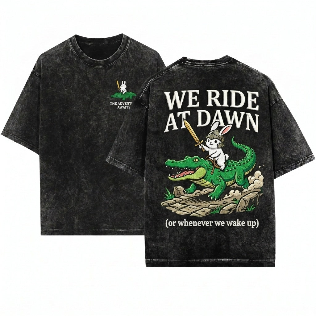 We Ride at Dawn Bunny Alligator Embroidered Funny Ren Faire Whimsical Animal Top Unisex Wash T-Shirt