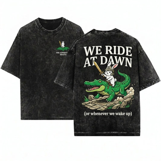 We Ride at Dawn Bunny Alligator Embroidered Funny Ren Faire Whimsical Animal Top Unisex Wash T-Shirt