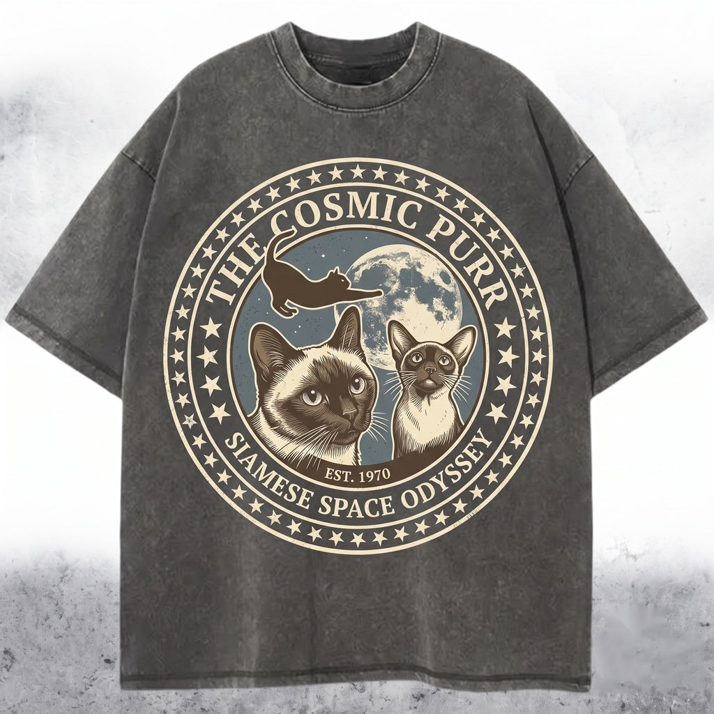 Vintage Retro Siamese Cat Blue Eyed Kitten Moon Galaxy Graphic Cute Kitty Lover Mom Gift Unisex TShirt