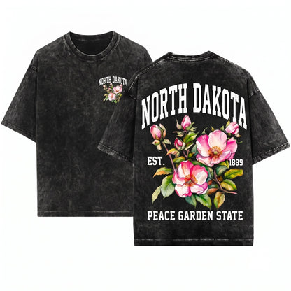 North Dakota State Wild Prairie Rose Floral Crewneck Graphic Top Unisex Wash T-Shirt