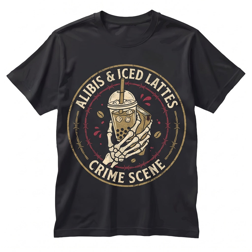 Alibis And Iced Lattes Skeleton Goth True Crime Coffee Lover Gift Womens Unisex TShirt