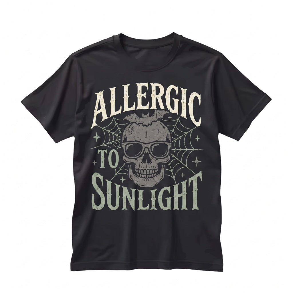 Allergic To Sunlight Funny Spooky Goth Black and White Alt Sarcastic Bat Summer Unisex TShirt
