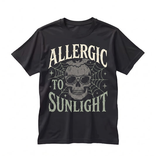 Allergic To Sunlight Funny Spooky Goth Black and White Alt Sarcastic Bat Summer Unisex TShirt