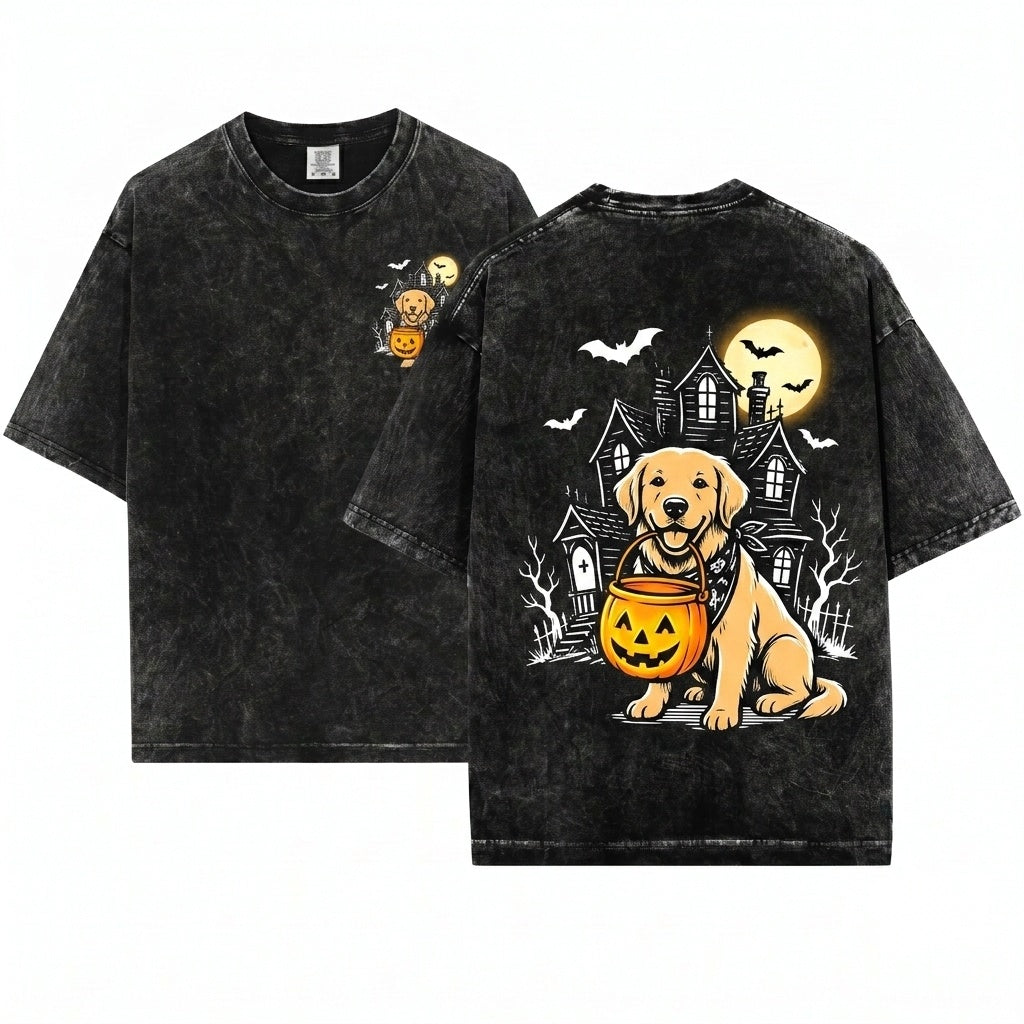 Personalized Dog Breeds Halloween Pumpkin Candy Bucket Trick Treat Pet Lover Costume Unisex Wash T-Shirt