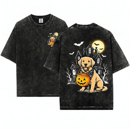 Personalized Dog Breeds Halloween Pumpkin Candy Bucket Trick Treat Pet Lover Costume Unisex Wash T-Shirt