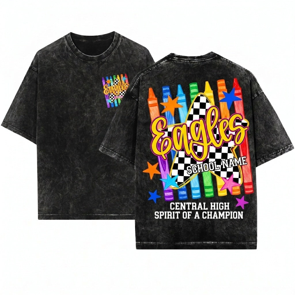 Custom Mascot School Name Back To Teacher Student Spirit Colorful Crayon Style Unisex Wash T-Shirt