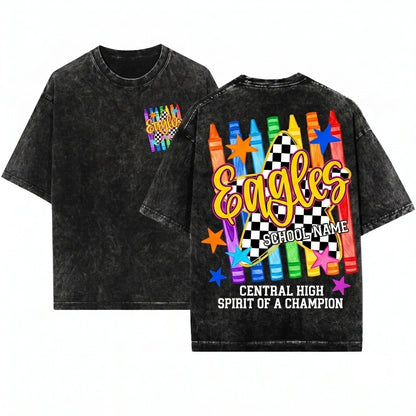 Custom Mascot School Name Back To Teacher Student Spirit Colorful Crayon Style Unisex Wash T-Shirt