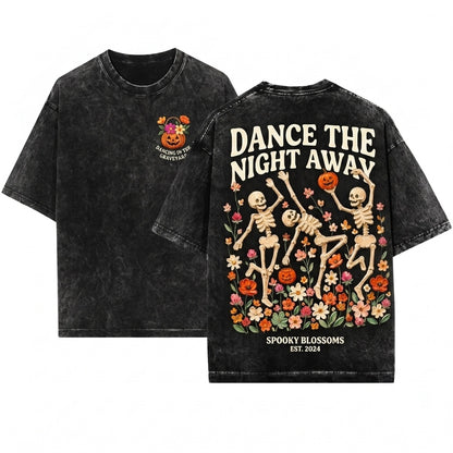 Handpainted Floral Dancing Skeleton Halloween Vintage Pumpkin Wildflower Spooky Fall Graphic Unisex Wash T-Shirt