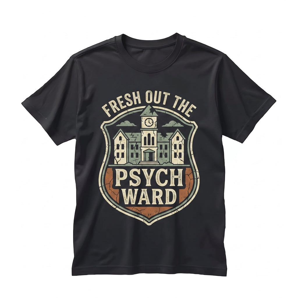 Fresh Out The Psych Ward Funny Cursed Graphic Vintage 90s Style Y2K Gen Z Internet Humor Sarcastic Unisex TShirt