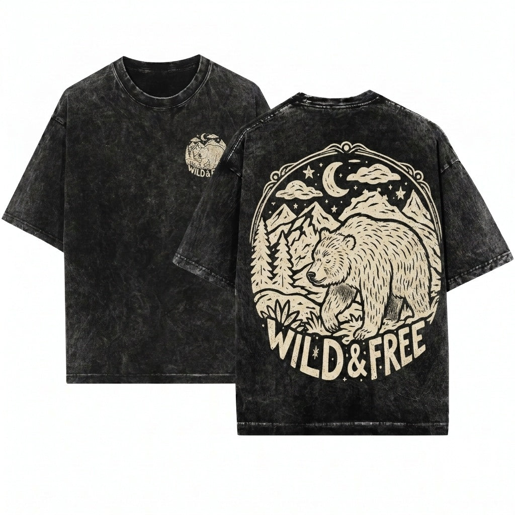 Vintage Rustic Mountain Grizzly Bear Outdoor Adventure Graphic Apparel Unisex Wash T-Shirt