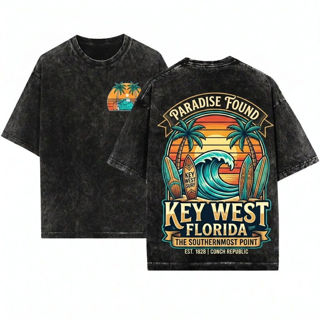 Key West Florida Beach Tropical Ocean Travel Graphic Coastal Vacation Tourist Gift Summer Island Vibes Unisex Wash T-Shirt