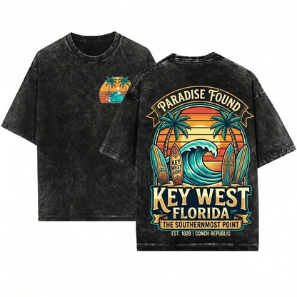 Key West Florida Beach Tropical Ocean Travel Graphic Coastal Vacation Tourist Gift Summer Island Vibes Unisex Wash T-Shirt
