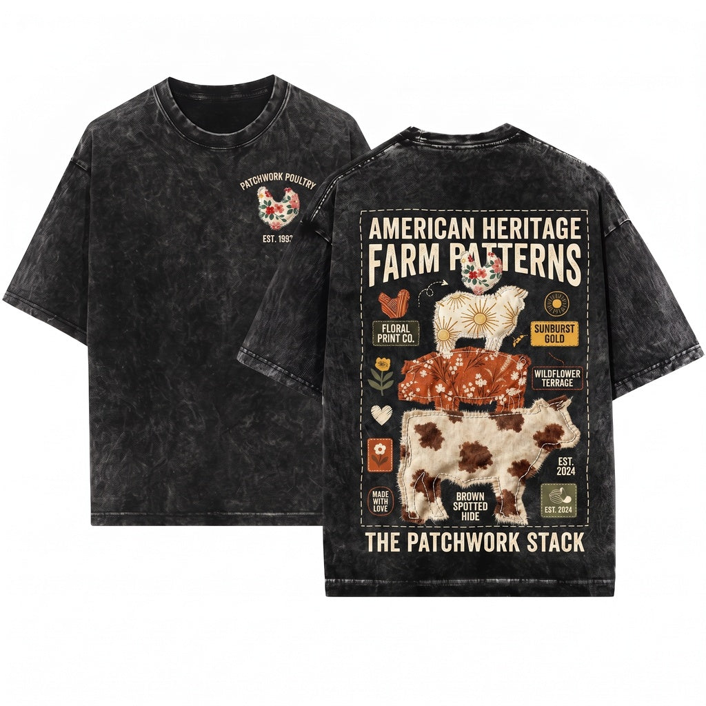 Western Country Faux Patchwork Cow Hen Pig Lamp Farm Animals Unisex Wash T-Shirt