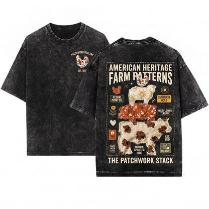 Western Country Faux Patchwork Cow Hen Pig Lamp Farm Animals Unisex Wash T-Shirt