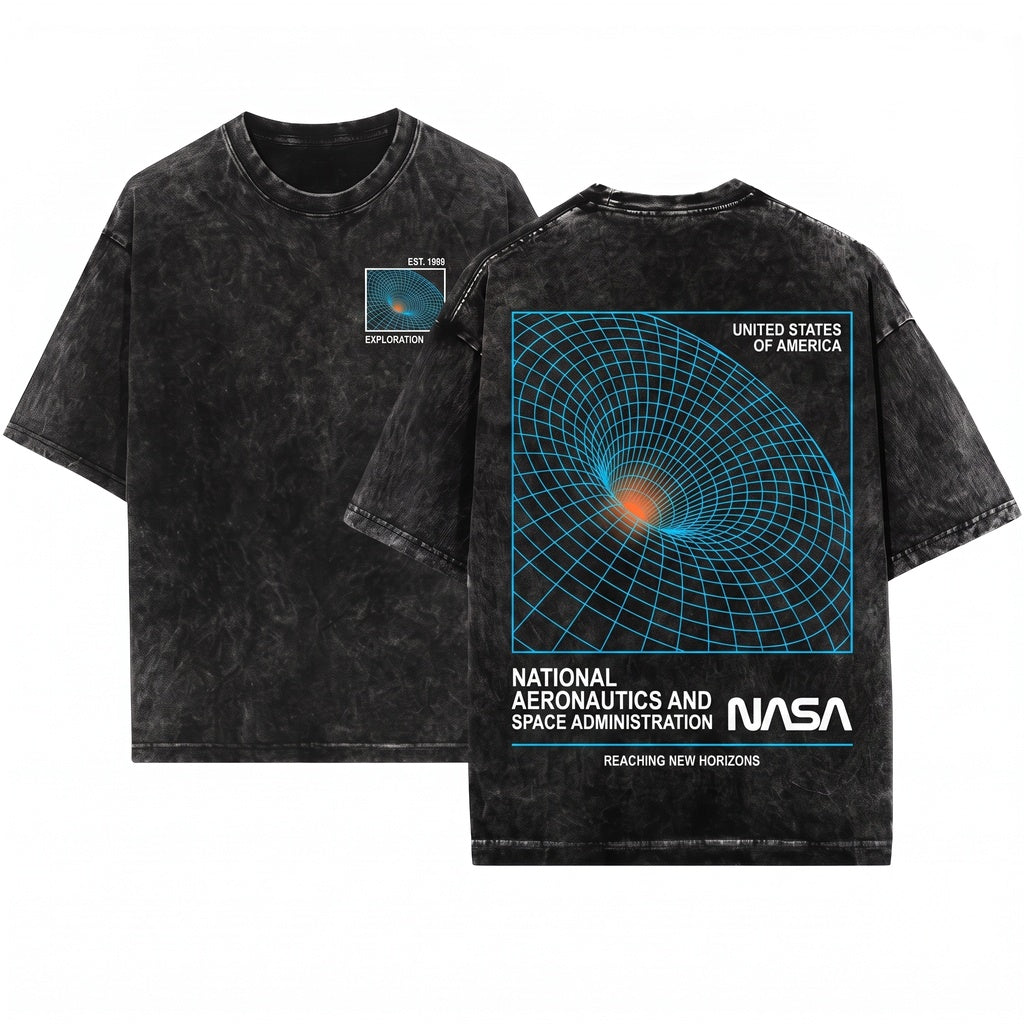 NASA Wormhole Retro Space Logo Front Back Graphic Print Unisex Wash T-Shirt