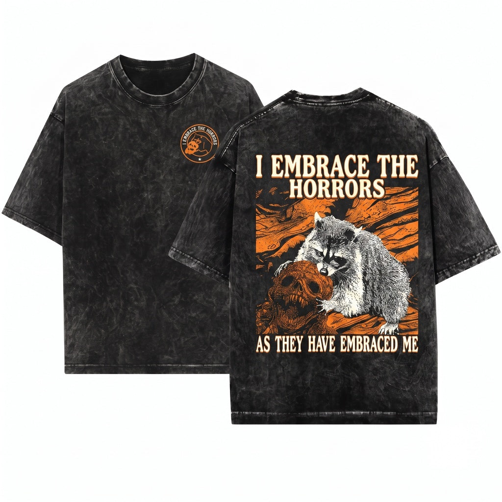 Funny Vintage Japanese Tanuki Graphic I Embrace The Horrors Retro Cute Animal Tee Meme Gift Unisex Wash T-Shirt
