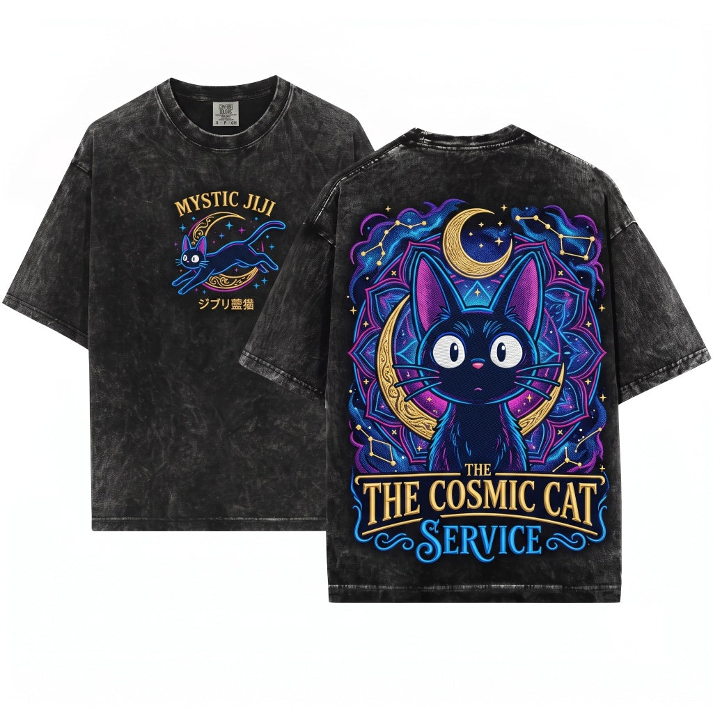 Jiji Black Cat Embroidered Tee Whimsical Witchy Familiar Vibes Cozy Book Lovers Unisex Wash T-Shirt