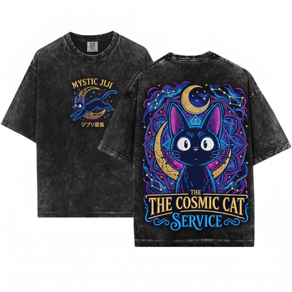 Jiji Black Cat Embroidered Tee Whimsical Witchy Familiar Vibes Cozy Book Lovers Unisex Wash T-Shirt