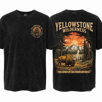 Rustic Buffalo Mountain Sunset Graphic Western Wildlife Top Unisex Wash T-Shirt