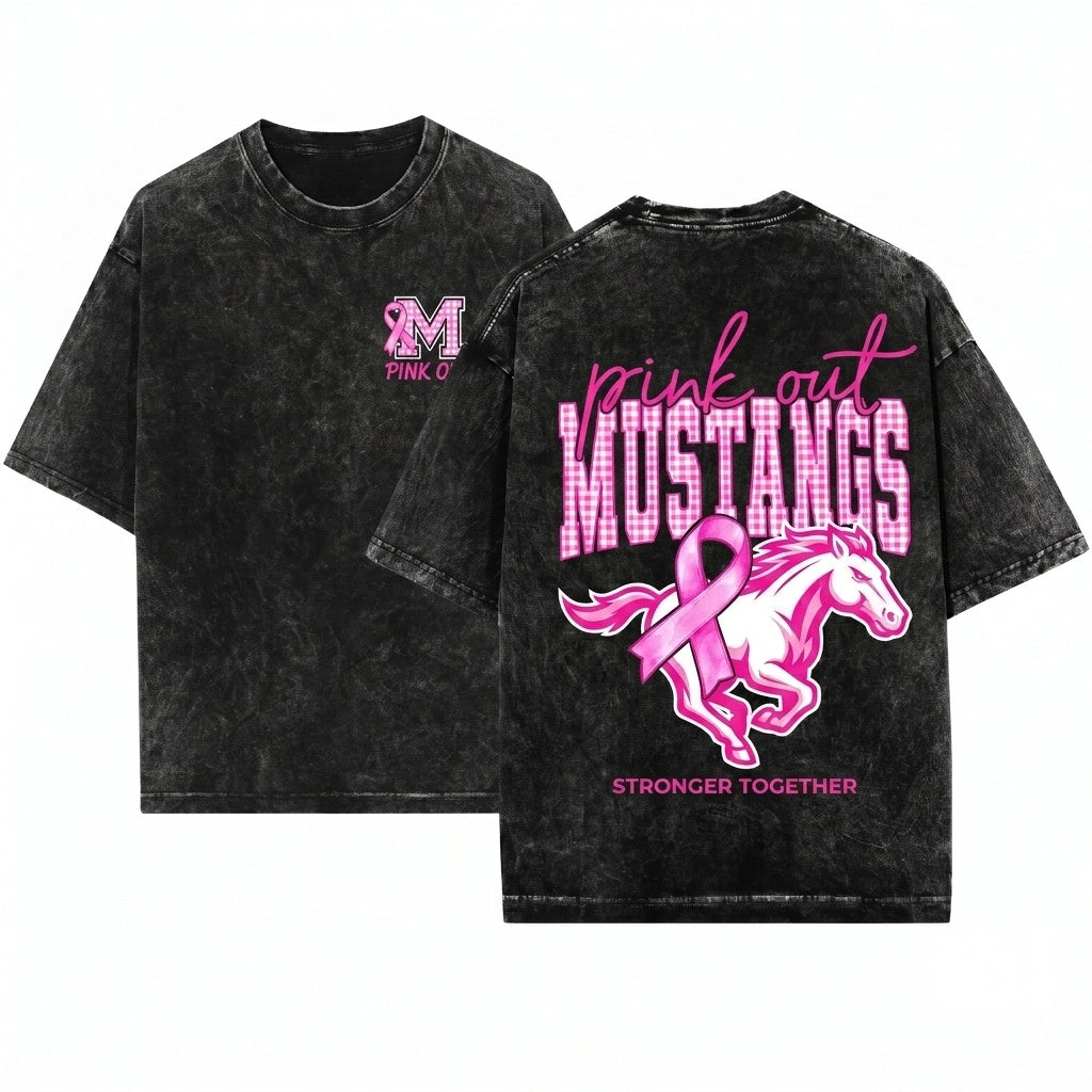 Custom Pink Out Mascot Plaid Varsity Breast Cancer Awareness School Spirit Personalized Team Name Unisex Wash T-Shirt