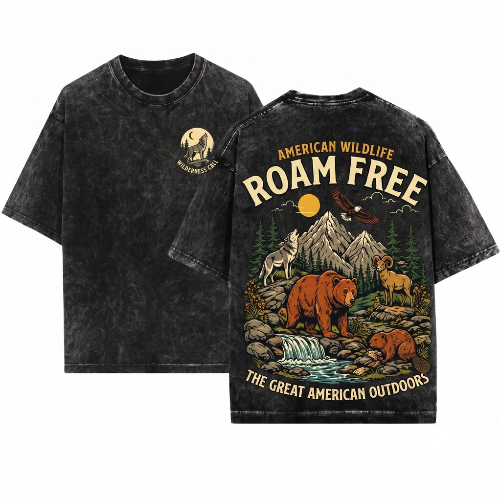 Vintage Rustic Mountain Forest Wildlife Bear Wolf Eagle Graphic Outdoor Adventure Nature Gift Unisex Wash T-Shirt