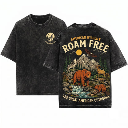Vintage Rustic Mountain Forest Wildlife Bear Wolf Eagle Graphic Outdoor Adventure Nature Gift Unisex Wash T-Shirt