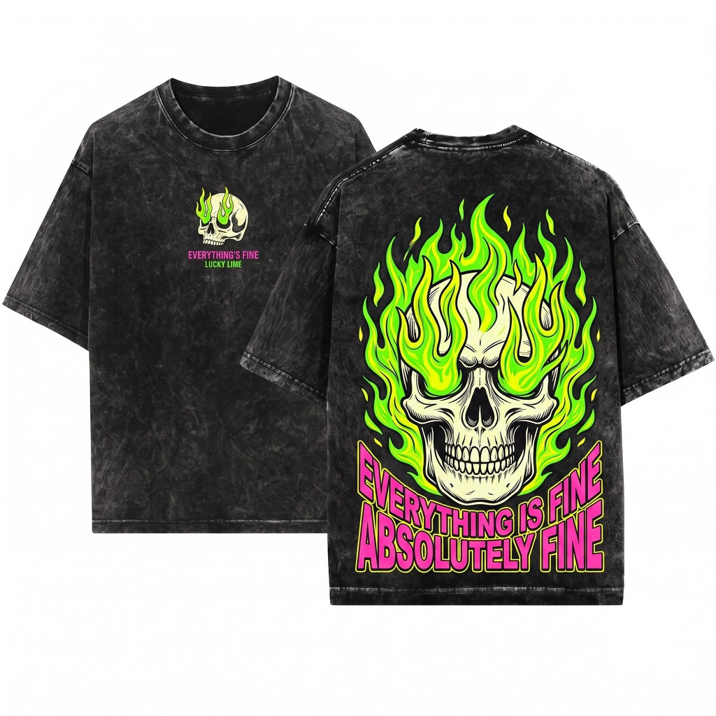 Everythings Fine Retro Grunge Skull On Fire Cropped Boho Hippie Festival Womens Boxy Top Unisex Wash T-Shirt