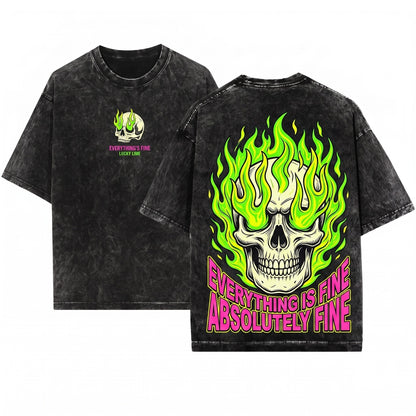 Everythings Fine Retro Grunge Skull On Fire Cropped Boho Hippie Festival Womens Boxy Top Unisex Wash T-Shirt